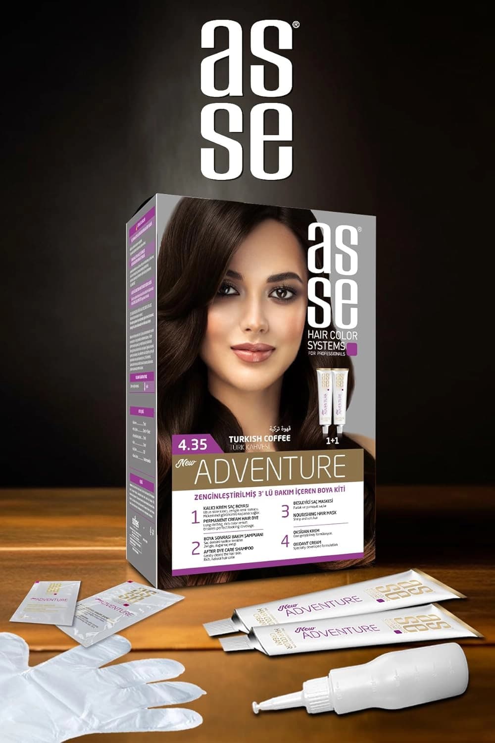کیت رنگ موی بدون آمونیاک آسه ASSE قهوه ترکی شماره 4.35 حجم 50+50 میل — تصویر ۸