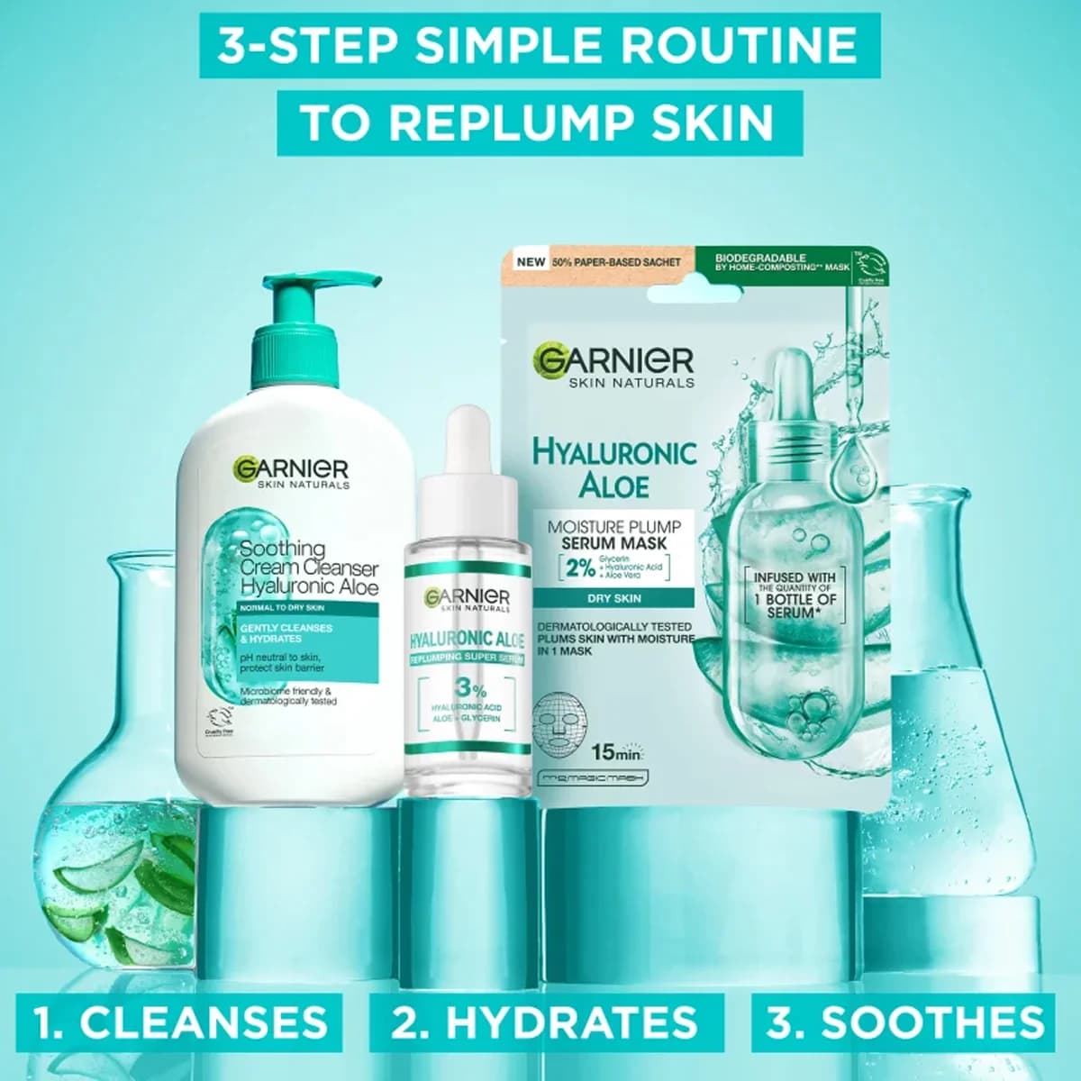 شوینده کرمی صورت گارنیر سری Skin Naturals مدل Garnier Hyaluronik Aloe ضد لک و مرطوب کننده حاوی عصاره آلوئه ورا بدون سولفات حجم 250 میل — تصویر ۷