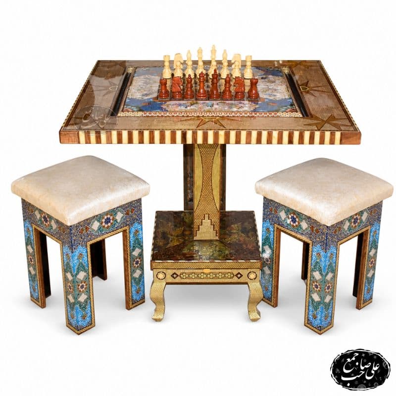 میز بازی شطرنج و تخته نرد خاتمکاری لوکس مربع و 2 عد چهار پایه