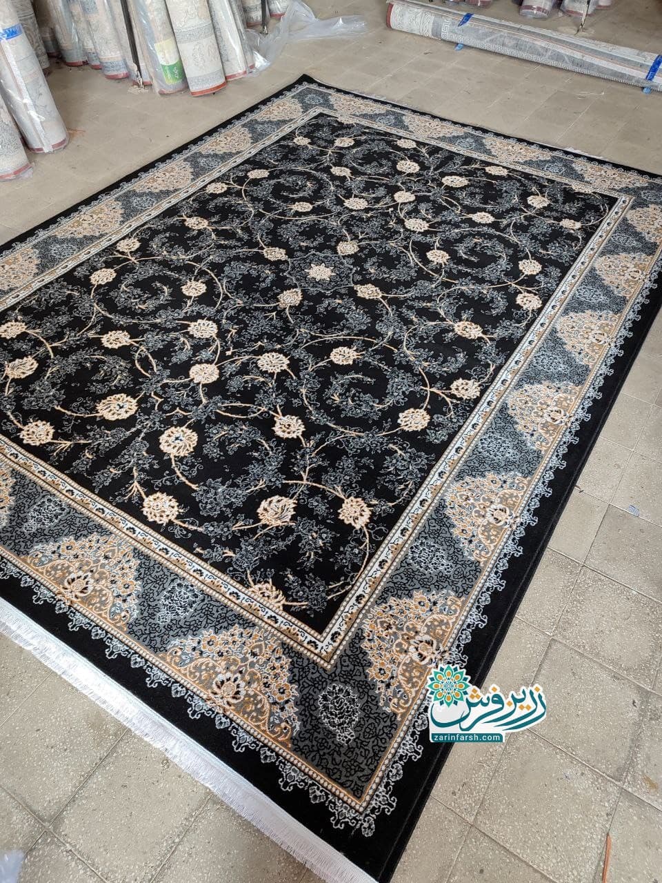 فرش ماشینی 500 شانه طرح افشان رنگ مشکی
