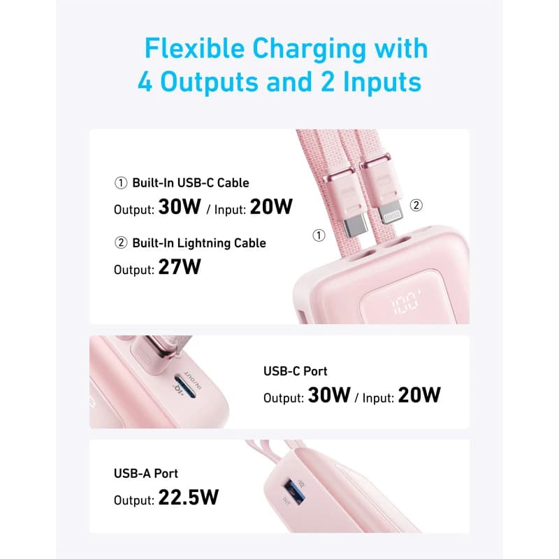 پاوربانک انکر مدل Zolo A1681 ظرفیت 20000 میلی آمپر ساعت به همراه کابل لایتنیگ و کابل USB Type-C — تصویر ۵