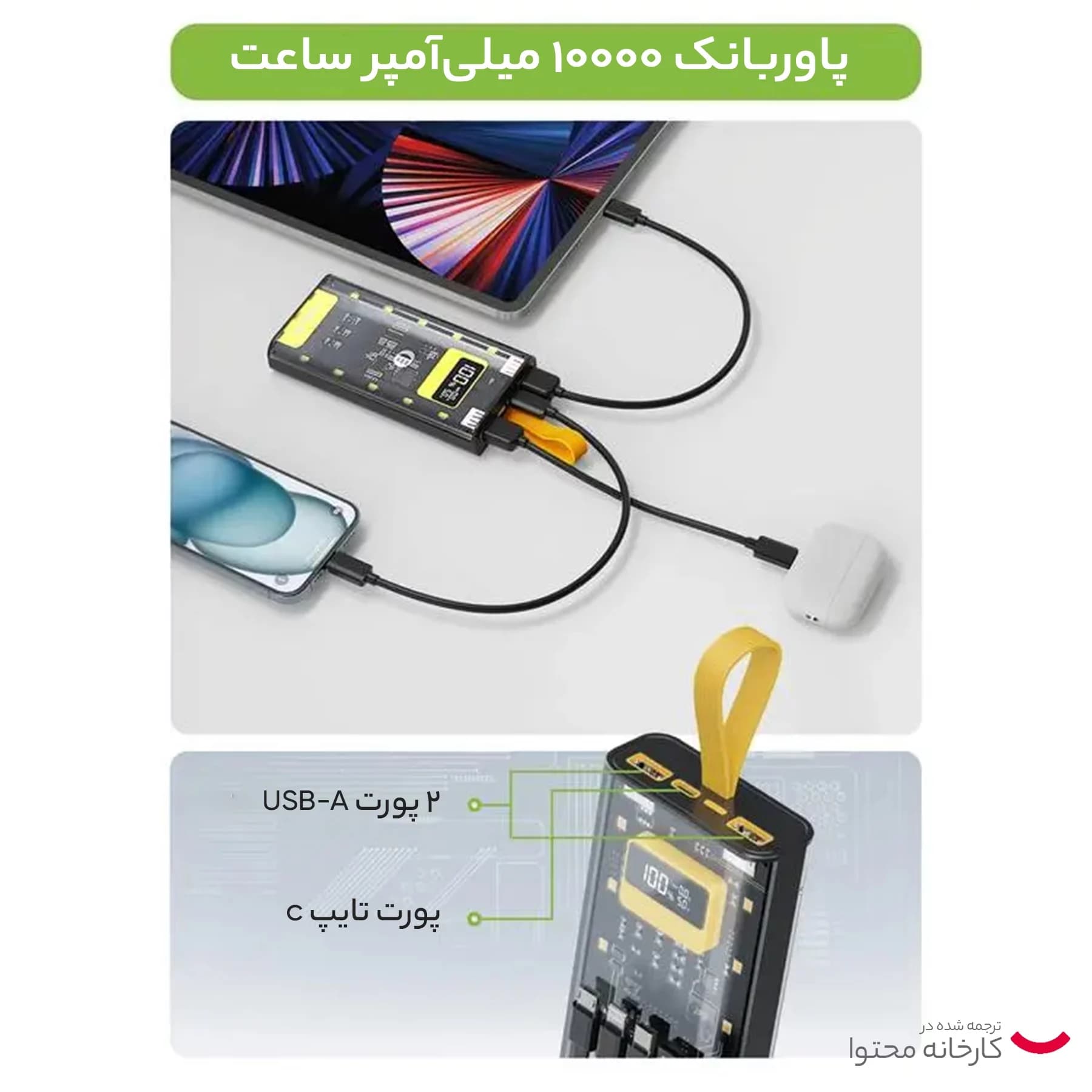 پاوربانک گرین لاین مدل Transparent Pro ظرفیت 10000 میلیآمپر ساعت — تصویر ۳
