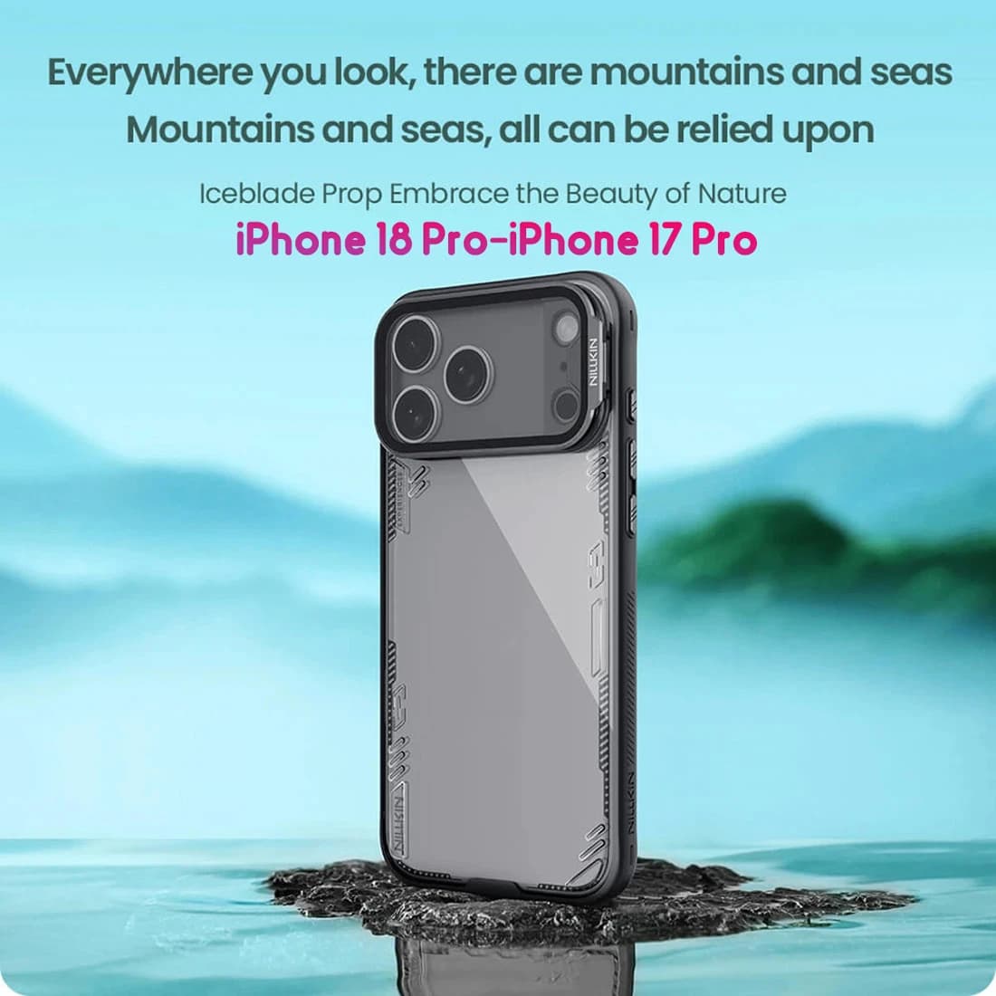 قاب کریستالی کمرا استند شیشهای iPhone 18 Pro مارک نیلکین مدل Iceblade Prop — تصویر ۴