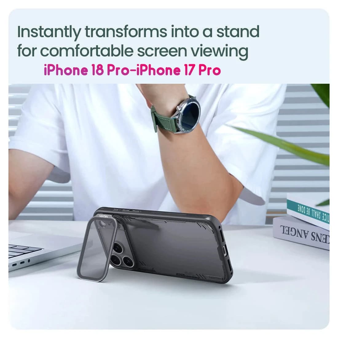 قاب کریستالی کمرا استند شیشهای iPhone 18 Pro مارک نیلکین مدل Iceblade Prop — تصویر ۸
