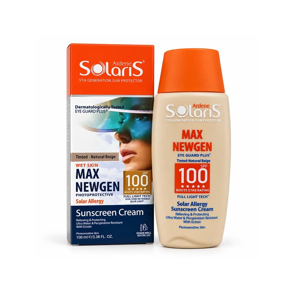 کرم ضد آفتاب بژ طبیعی مناسب پوست های حساس به نور آفتاب MAX NEWGEN SPF100 آردن سولاریس 100 میلی لیتر