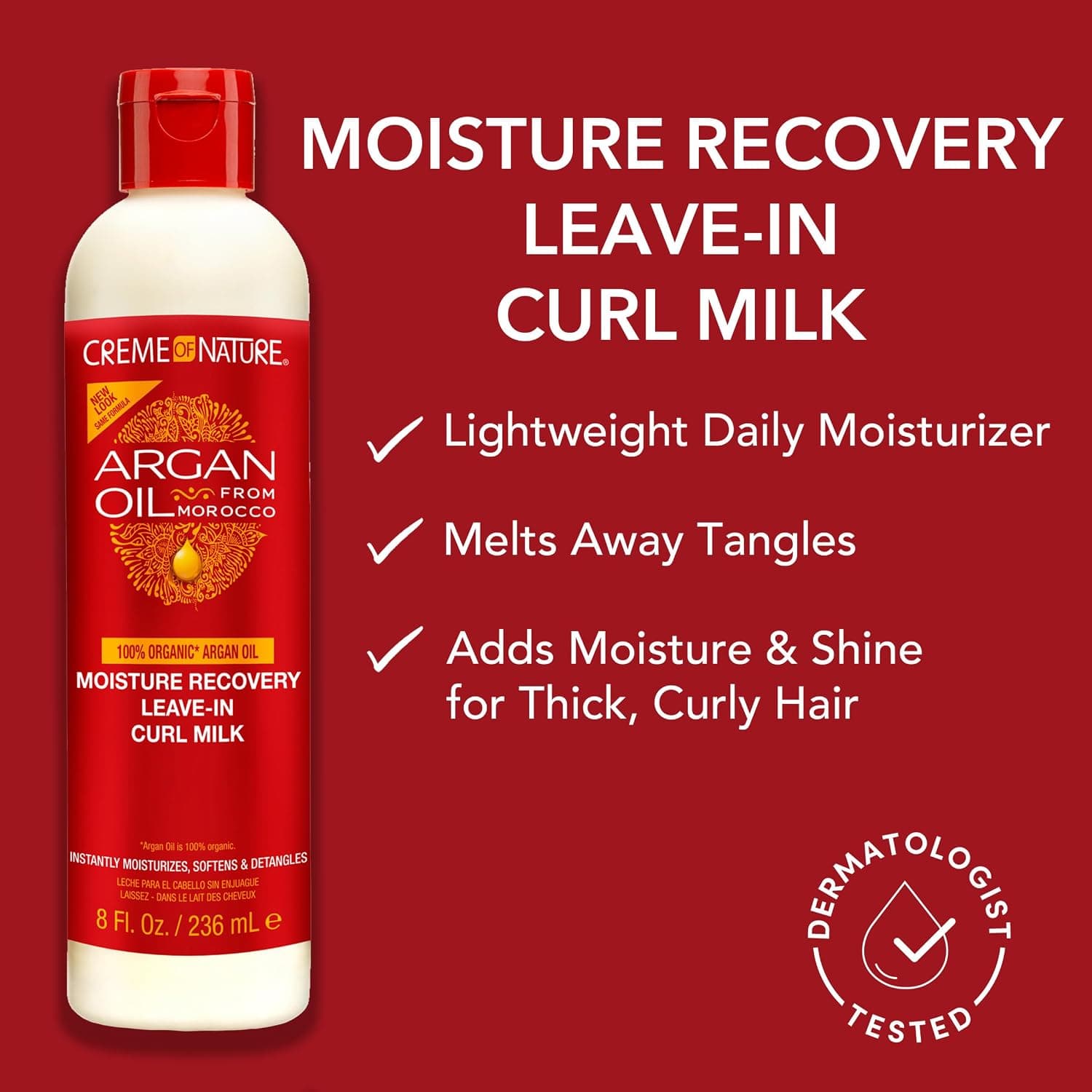 شیر مو آبرسان بعد از حمام آرگان مراکشی کرم آف نیچر Creme Of Nature Argan Oil Moisture Recovery Leave-In Curl Milk 236ml — تصویر ۵