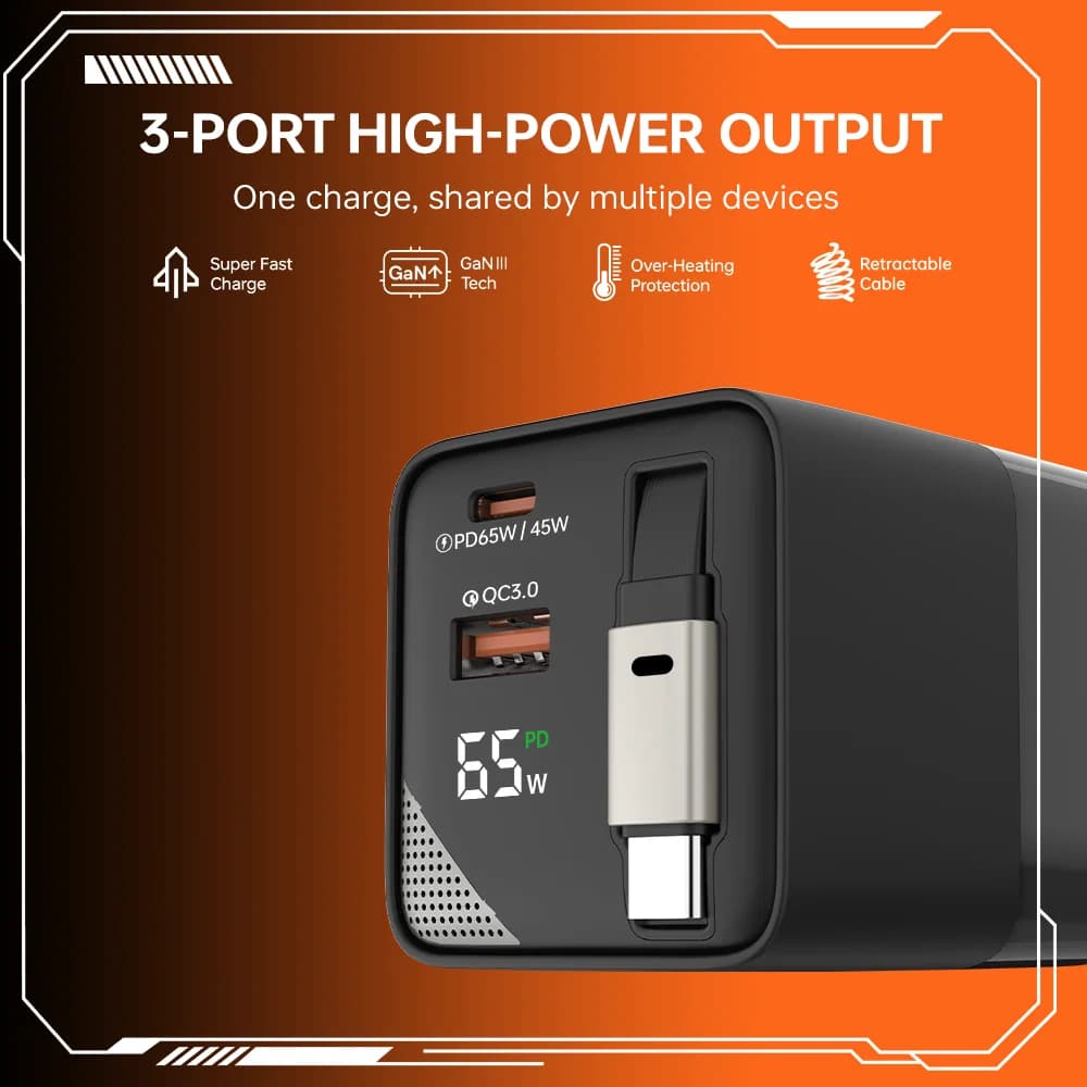 شارژر دیواری بیوا HC-59 توان 65 وات | Biva HC-59 GaN Fast Charger با کابل جمعشونده — تصویر ۶