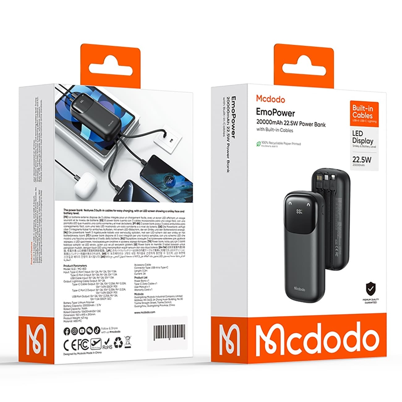 پاوربانک مک دودو مدل MC-8530 ظرفیت 20000 میلیآمپر ساعت 22.5 وات با کابل متصل — تصویر ۵