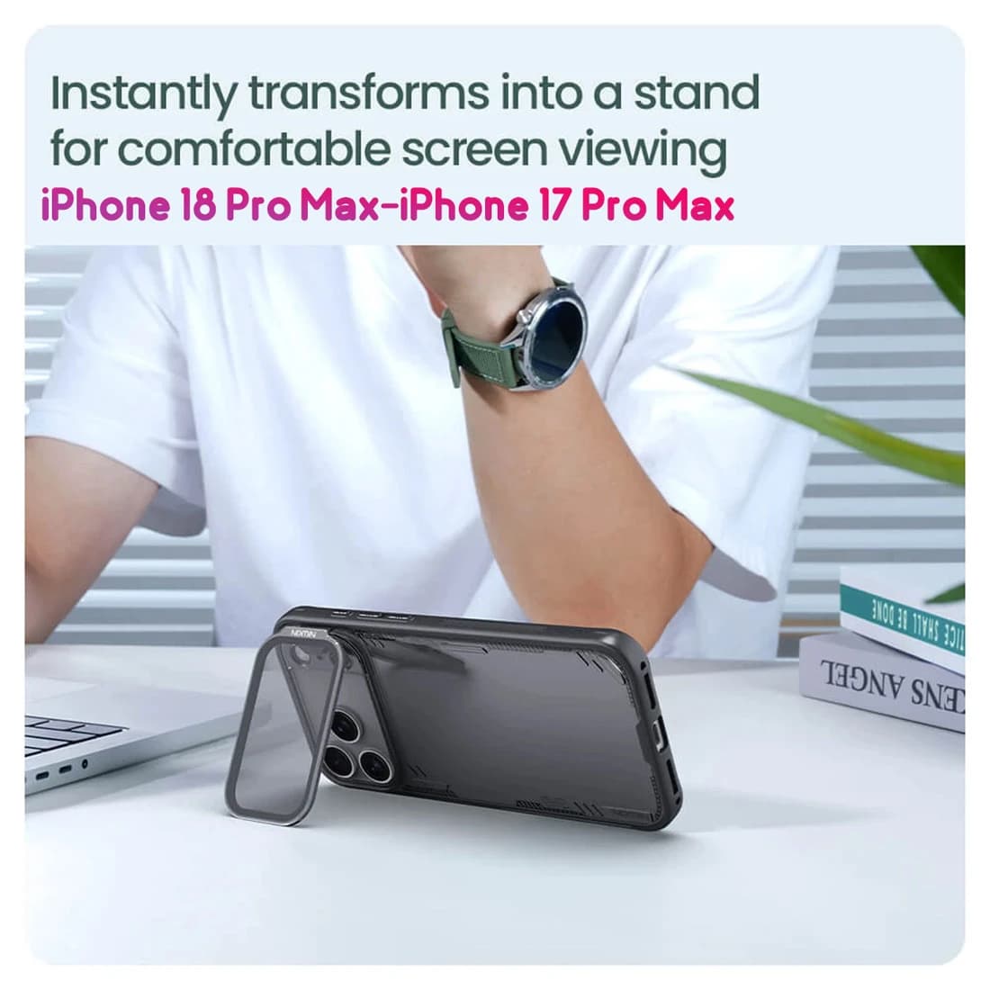 قاب کریستالی کمرا استند شیشهای iPhone 18 Pro Max مارک نیلکین مدل Iceblade Prop — تصویر ۸