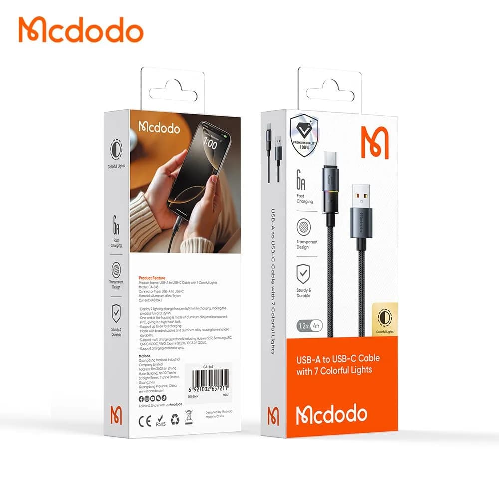 کابل شارژ 100وات 6آمپر USB-A به Type-C رقص نور دار 1.2 متر برند مک دودو مدل Mcdodo CA-8180 — تصویر ۱۰