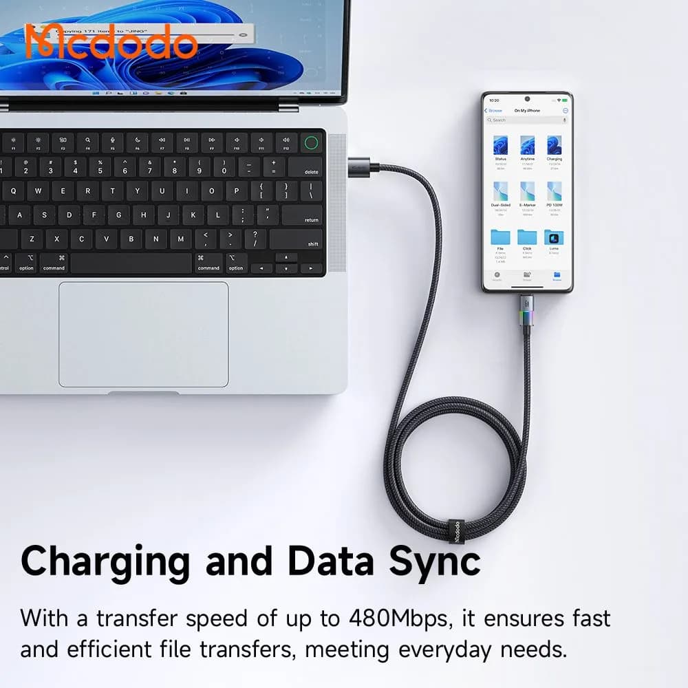 کابل شارژ 100وات 6آمپر USB-A به Type-C رقص نور دار 1.2 متر برند مک دودو مدل Mcdodo CA-8180 — تصویر ۸