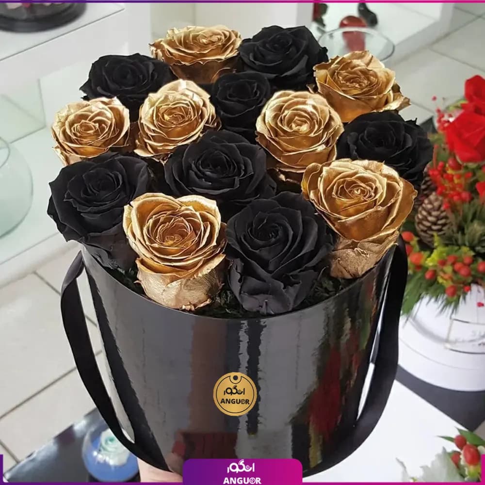 باکس گل رز طلایی – مشکی 15 شاخه