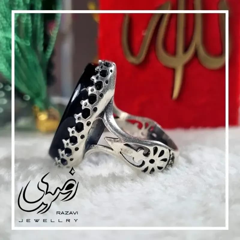 انگشتر مردانه آلیاژ نقره روس سنگ عقیق مشکی حکاکی یااباعبدالله — تصویر ۸
