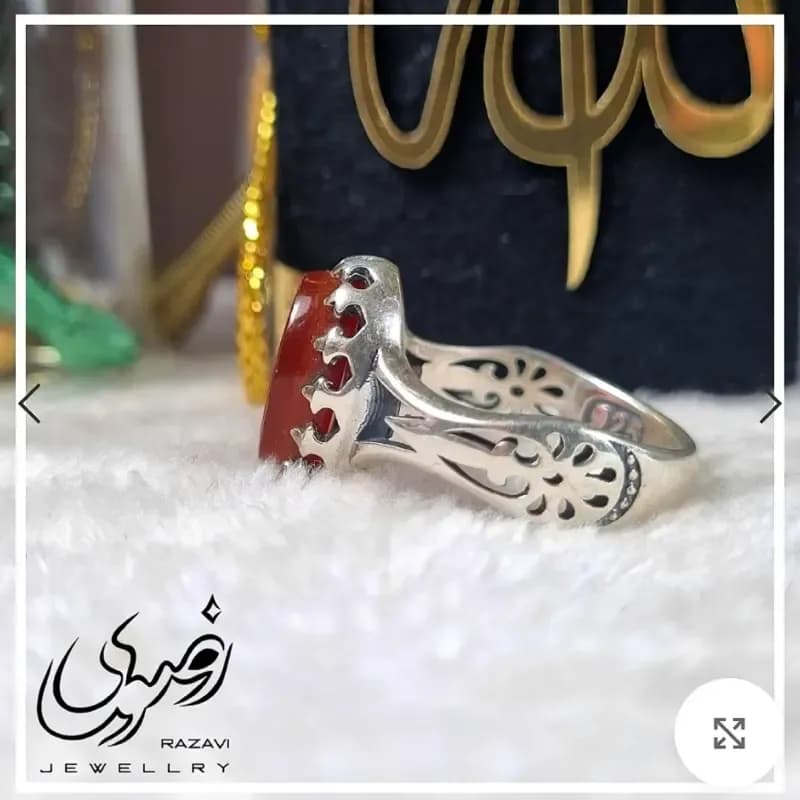 انگشتر نقره زنانه عقیق سرخ با حکاکی یا زهرا دستساز عیار 925 — تصویر ۵