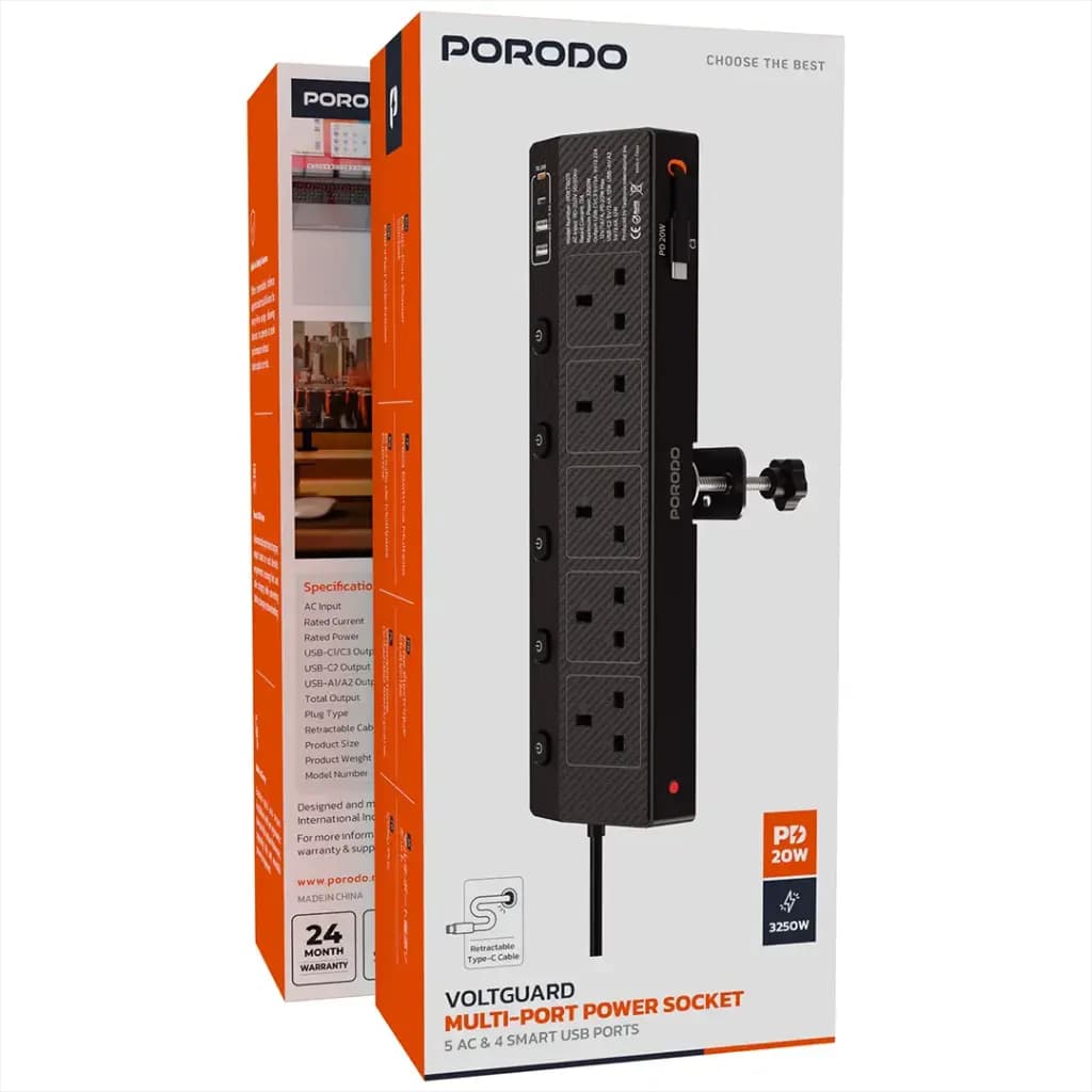 چندراهی برق پرودو با گیره میز PD20W پریز AC + USB هوشمند مدل PDXT16011BK — تصویر ۷
