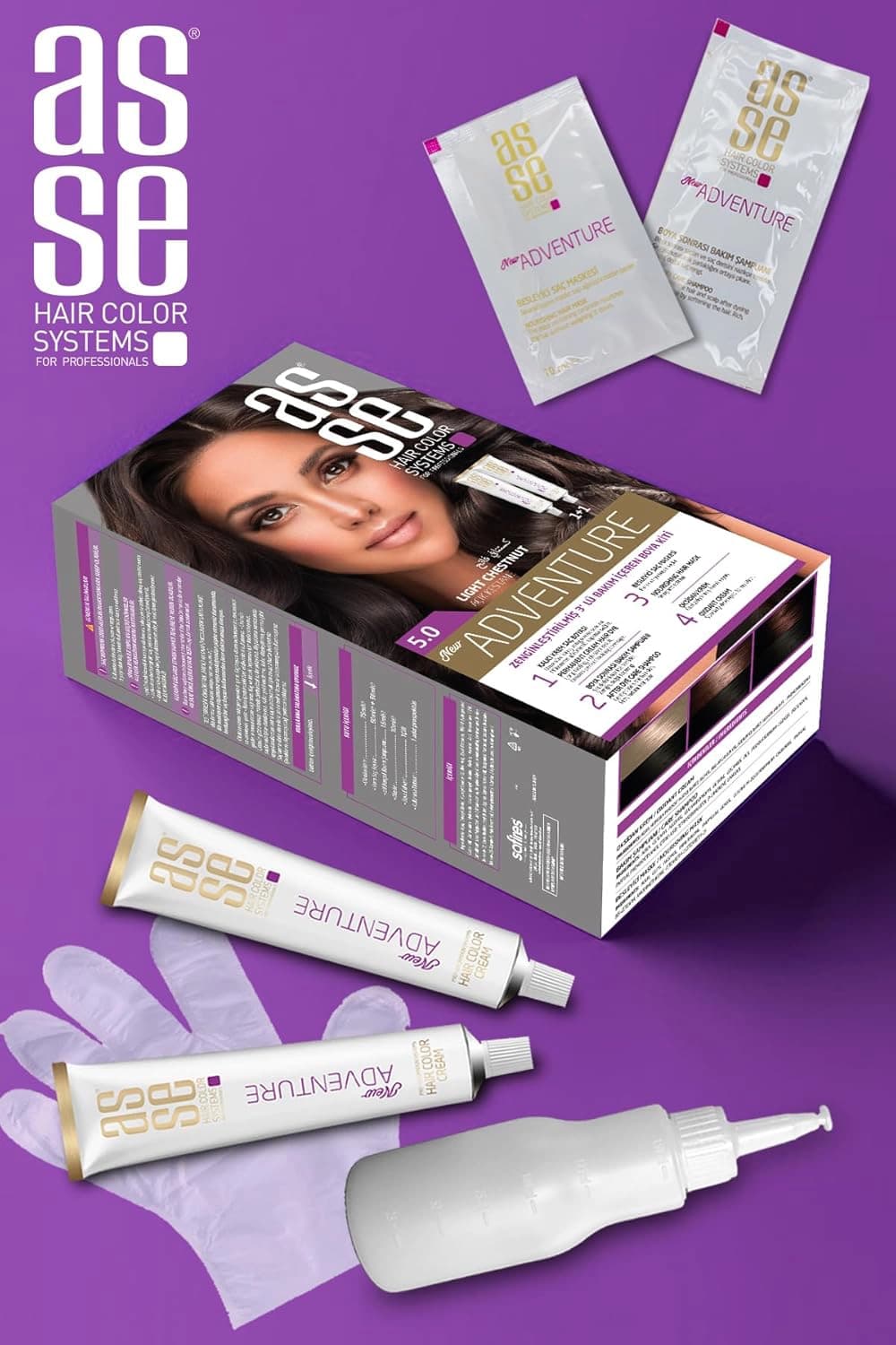 کیت رنگ موی بدون آمونیاک آسه ASSE شاه بلوطی روشن شماره 5.0 حجم 50+50 میل — تصویر ۳