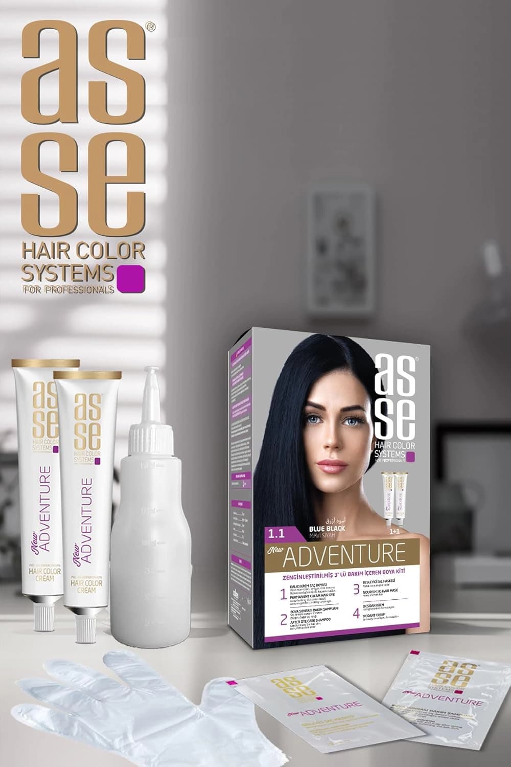 کیت رنگ موی بدون آمونیاک آسه ASSE آبی مشکی شماره 1.1 حجم 50+50 میل — تصویر ۱۰