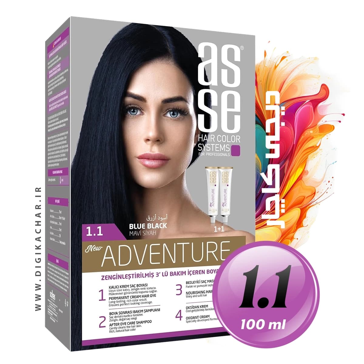 کیت رنگ موی بدون آمونیاک آسه ASSE آبی مشکی شماره 1.1 حجم 50+50 میل — تصویر ۵