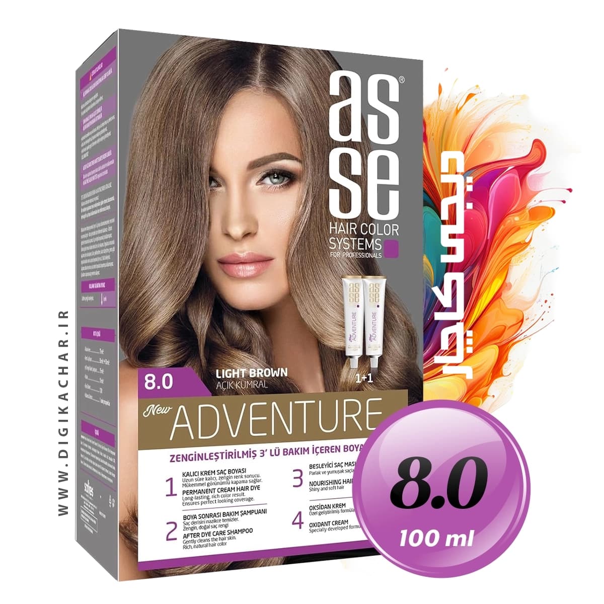 کیت رنگ موی بدون آمونیاک آسه ASSE قهوه ای روشن شماره 8.0 حجم 50+50 میل — تصویر ۹