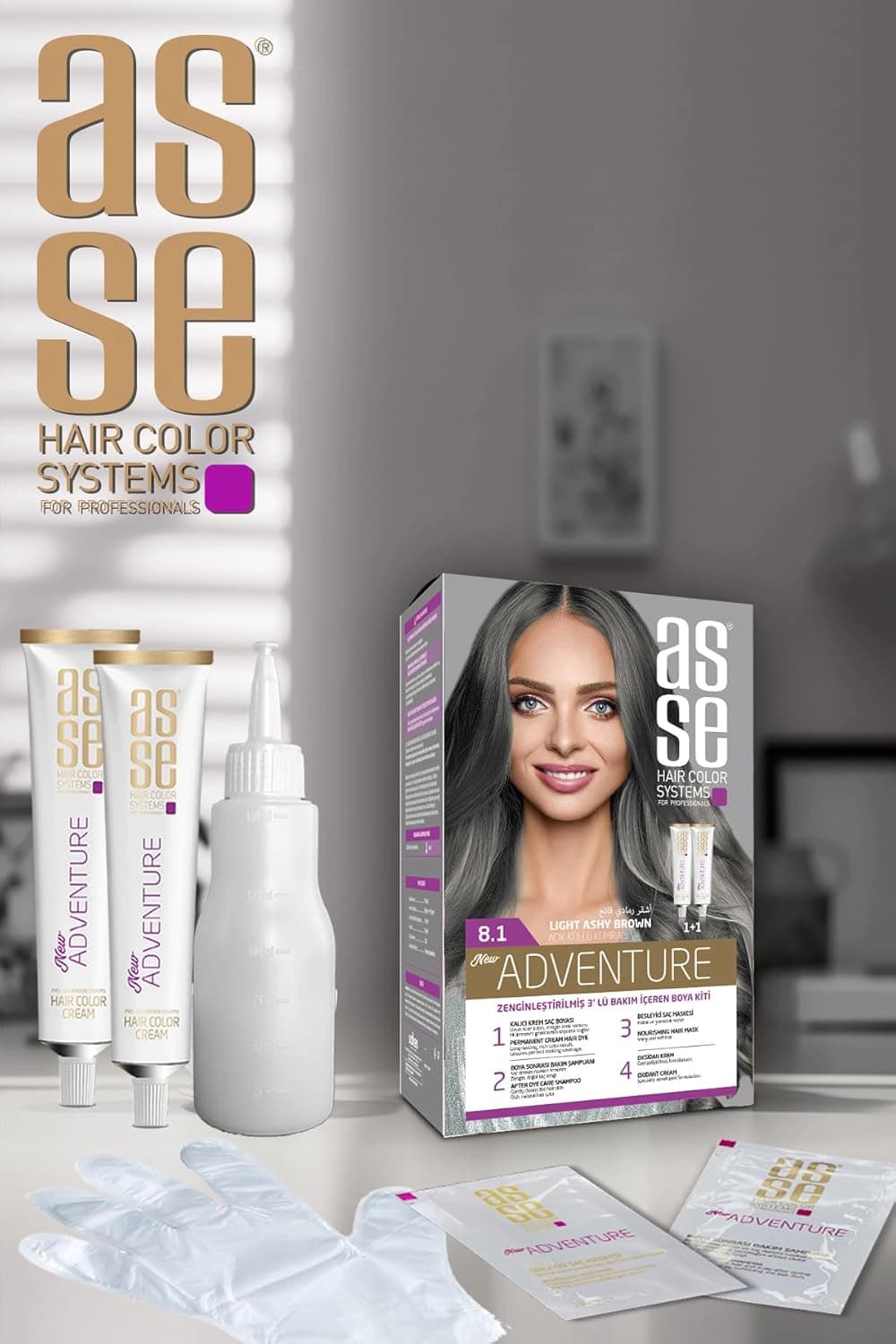 کیت رنگ موی بدون آمونیاک آسه ASSE قهوه ای خاکستری روشن شماره 8.1 حجم 50+50 میل — تصویر ۸