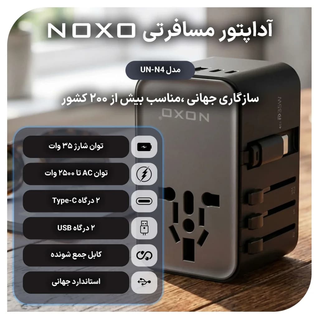 مبدل برق یونیورسال 2500 وات 4 پورت + کابل جمعشونده نوکسو مدل UN‑N4 با شارژ سریع 35 وات — تصویر ۲