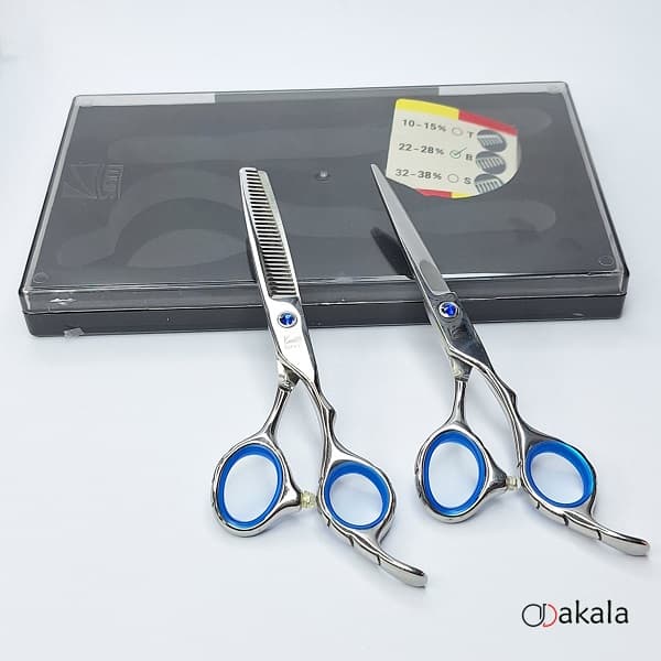 ست قیچی آرایشگری نقره ای تم آبی صیام فینی 6 اینچ پلاس — تصویر ۴