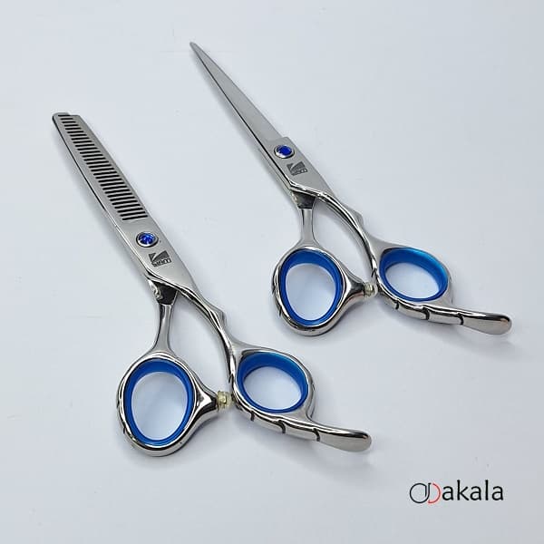 ست قیچی آرایشگری نقره ای تم آبی صیام فینی 6 اینچ پلاس — تصویر ۵