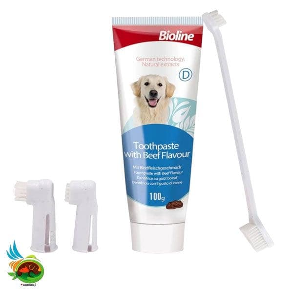 ست مسواک و خمیر دندان سگ بایولاین با طعم مرغ Bioline toothpaste وزن 100 گرم — تصویر ۲