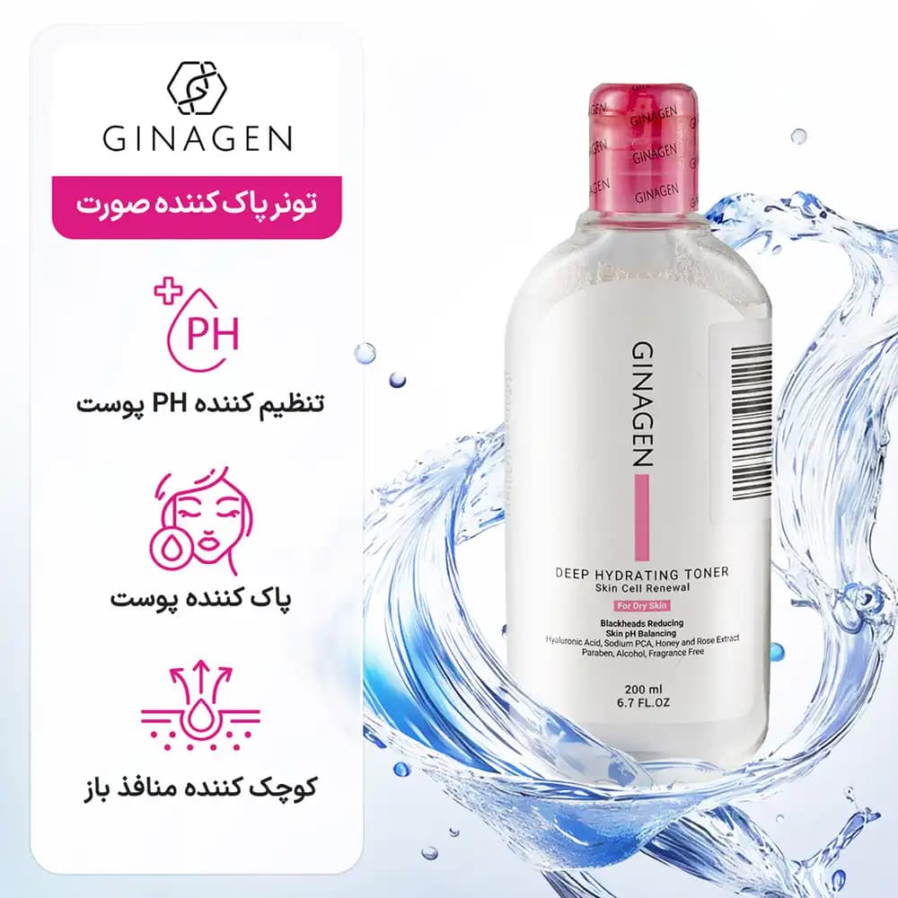 تونر آبرسان عمیق ژیناژن (GINAGEN) مناسب پوست خشک حجم ۲۰۰ میلی لیتری — تصویر ۷