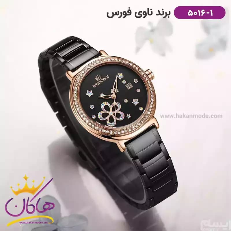 ساعت زنانه نیوی فورس مشکی قاب رزگلد صفحه گل دار 5016/1 — تصویر ۶