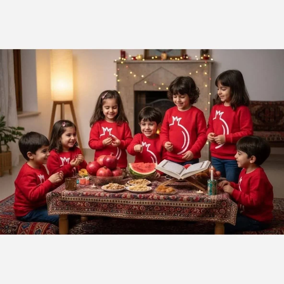 بلوز یلدایی طرح انار دخترانه و پسرانه جنس دورس سایز 2 تا 9 سال — تصویر ۷