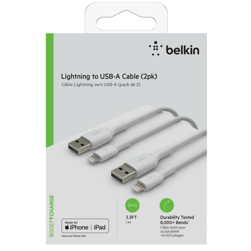 پک 2 عددی کابل شارژ سریع USB-A به لایتنینگ بلکین طول 1 متر مدل CAA008bt1MWH2PK — تصویر ۲