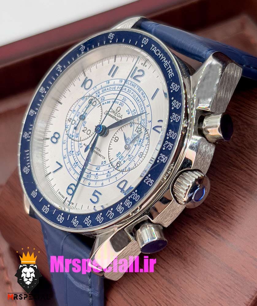ساعت مچی مردانه امگا اسپید مستر کرنوگراف بند چرم ابی صفحه سفید OMEGA Speedmaster 020995 — تصویر ۶