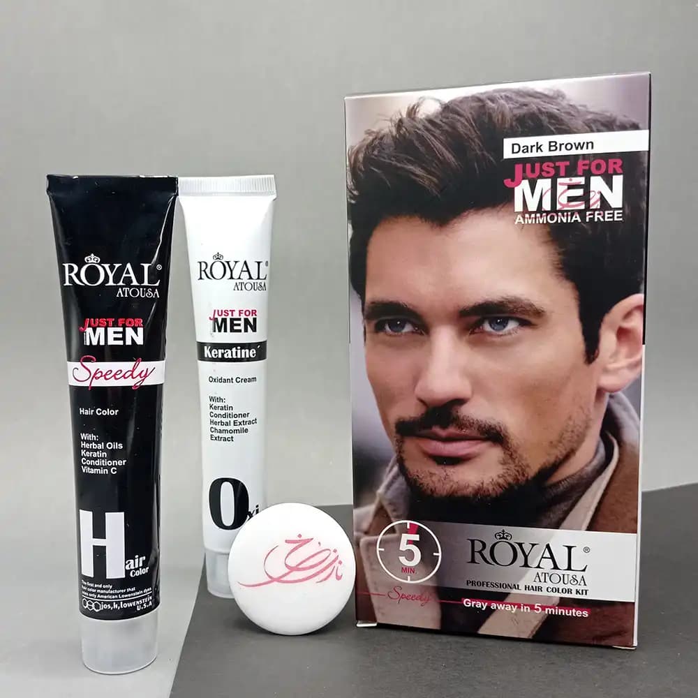کیت رنگ موی مردانه رویال آتوسا ROYAL ATOUSA رنگ قهوه ای تیره Dark Brown