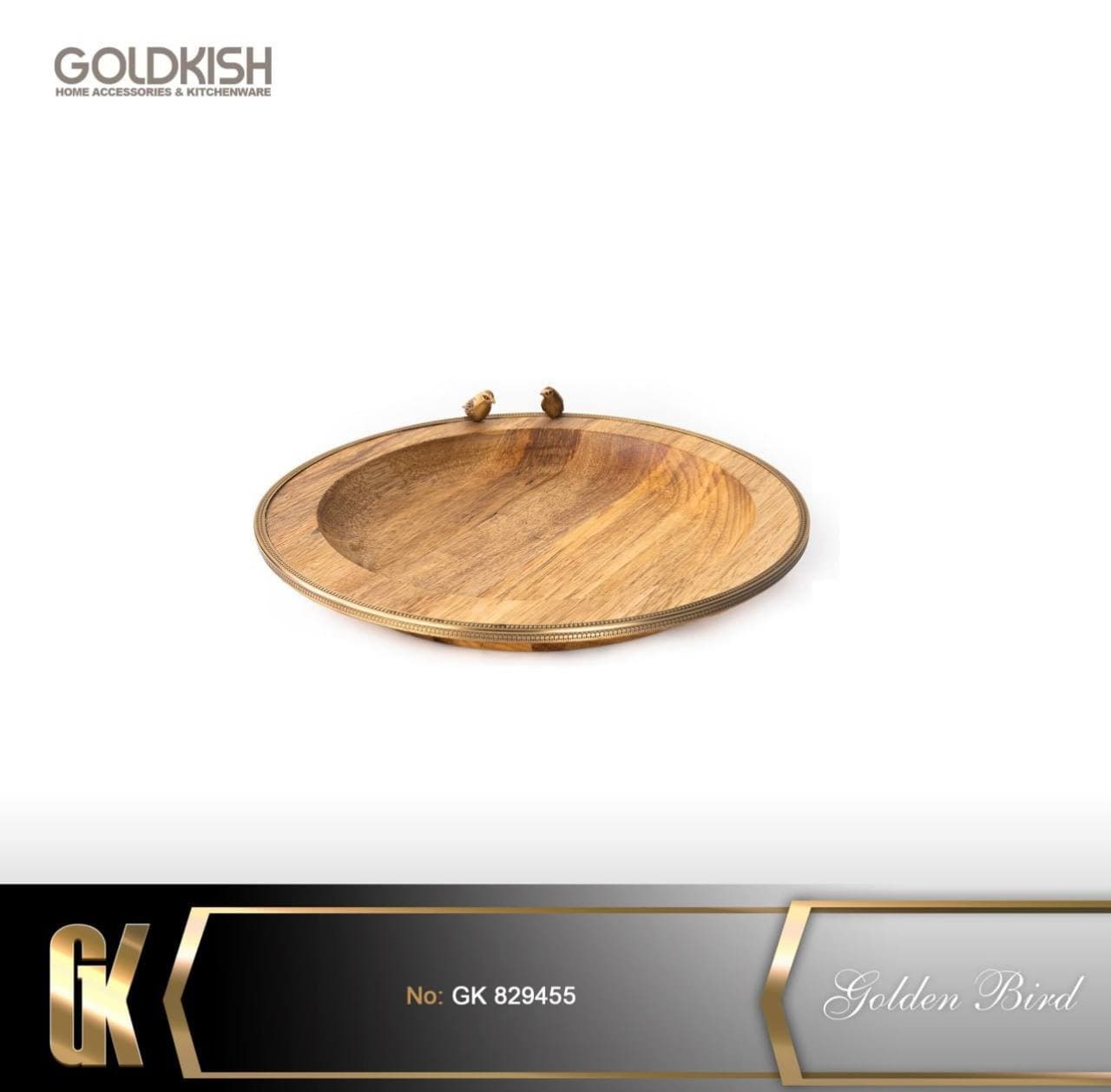 سینی گرد چوبی برنجی گلدکیش Golden Bird کد GK829455 — تصویر ۳