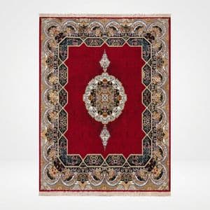 فرش ماشینی 500 شانه زمینه قرمز لاکی حاشیه مشکی سفید کرم مدل 356281