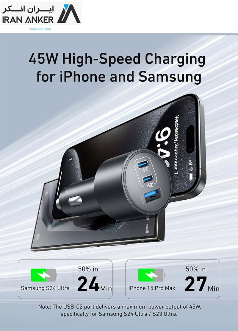 شارژر فندکی 167.5 وات انکر همراه با کابل تایپ سی Anker B2737 USB-C Car Charger 167.5W Compact 3-Port — تصویر ۱۲