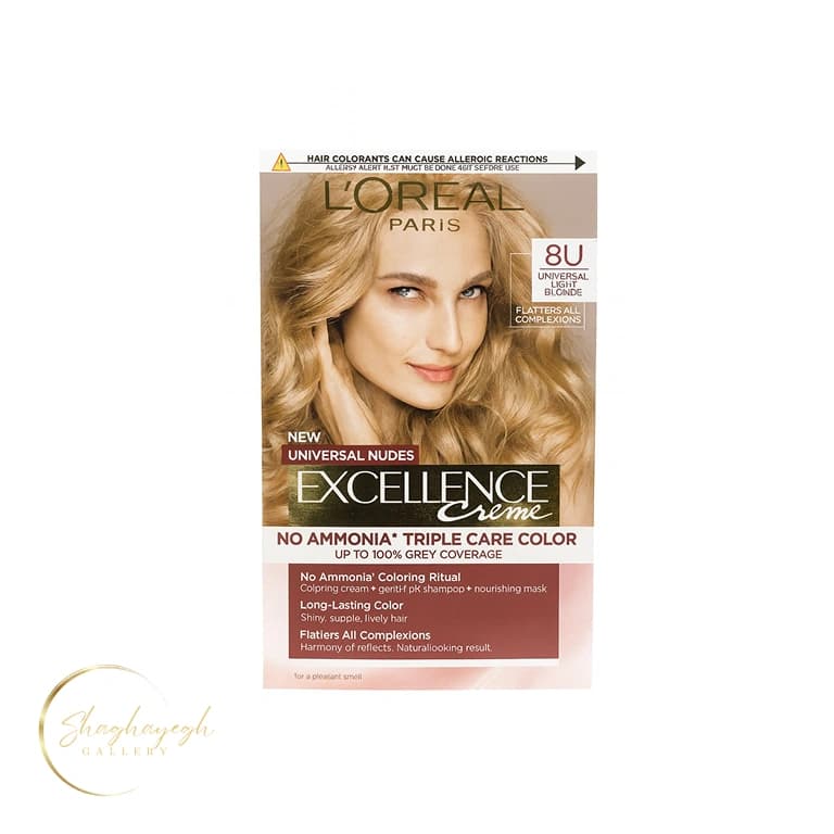 کیت رنگ مو بدون آمونیاک لورآل سری Excellence Creme شماره 8U پایه رنگ بلوند تیره نود — تصویر ۲