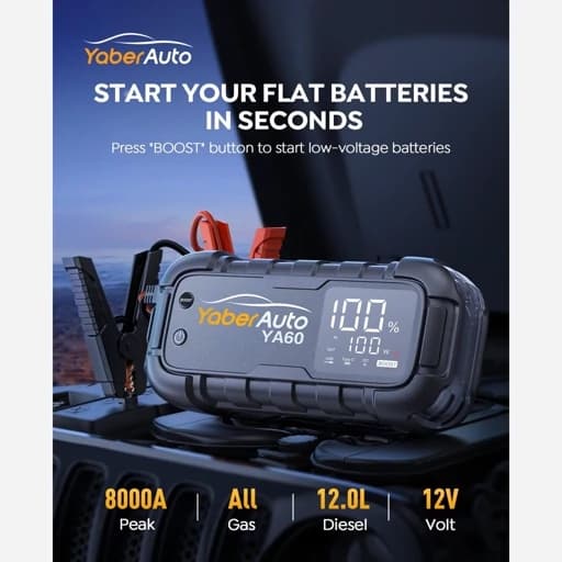 جامپ استارتر خودرو برند YaberAuto آمپر 7000 پاور بانک 27هزار میلی امپر با چراغ قوه 600 لومن و کیف برزنتی قابل حمل اورجینال امازون المان — تصویر ۱۱