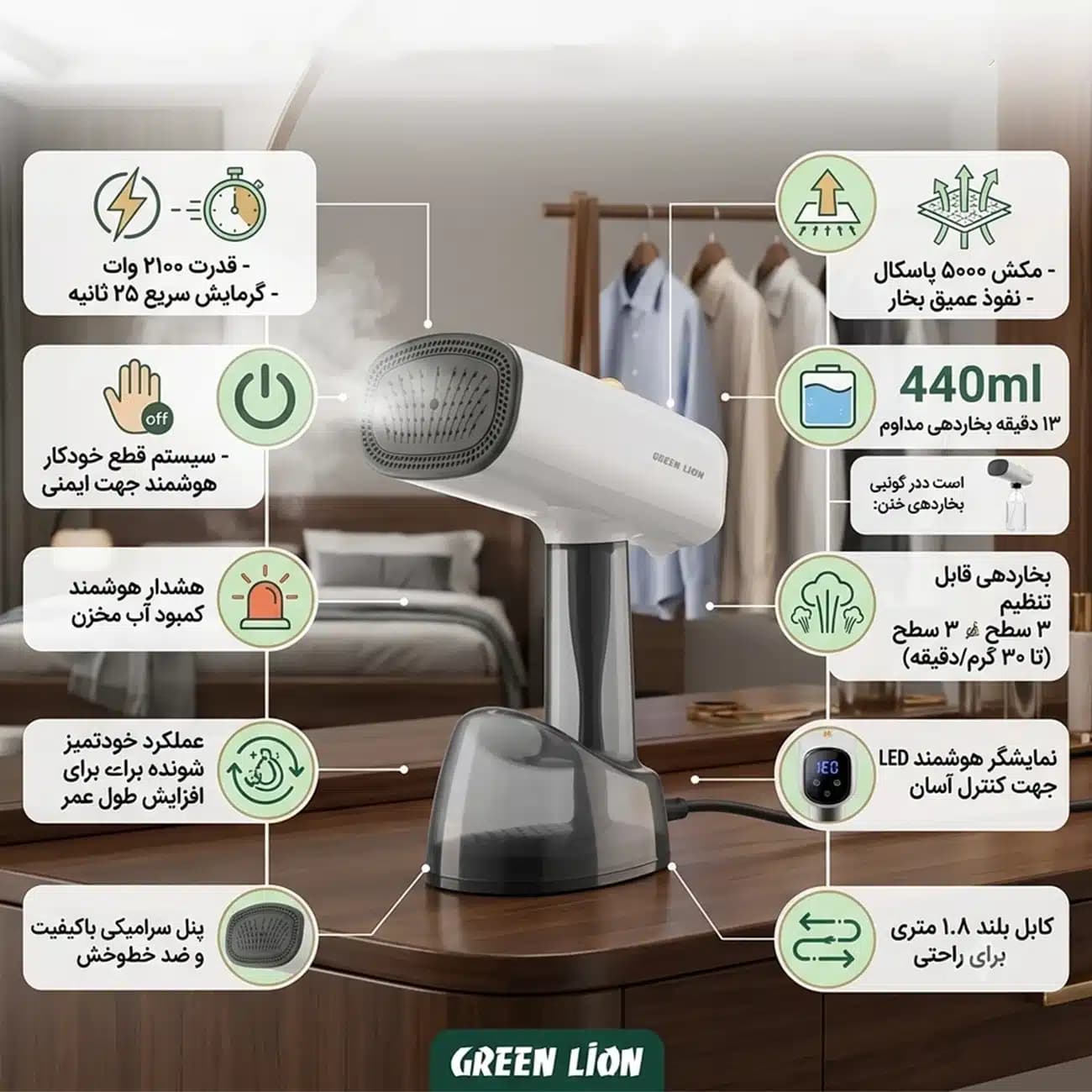 اتو بخار مکش دار گرین لاین Green Lion مدل GNBX200STMWH توان 2100 وات — تصویر ۵