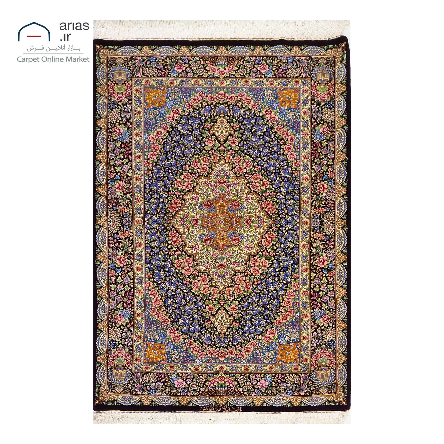 فرش دستباف کرک چله ابریشم طرح هزارگل زمینه آبی بافت قم مارک مهربخش کد D03217G — تصویر ۲