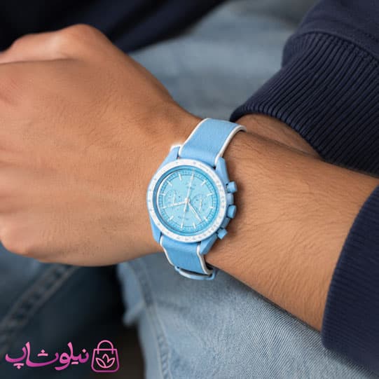 ساعت امگا سواچ moonswatch با بند رابر زنانه مردانه رنگ آبی سفید کیفیت مستر کد 3750 — تصویر ۷