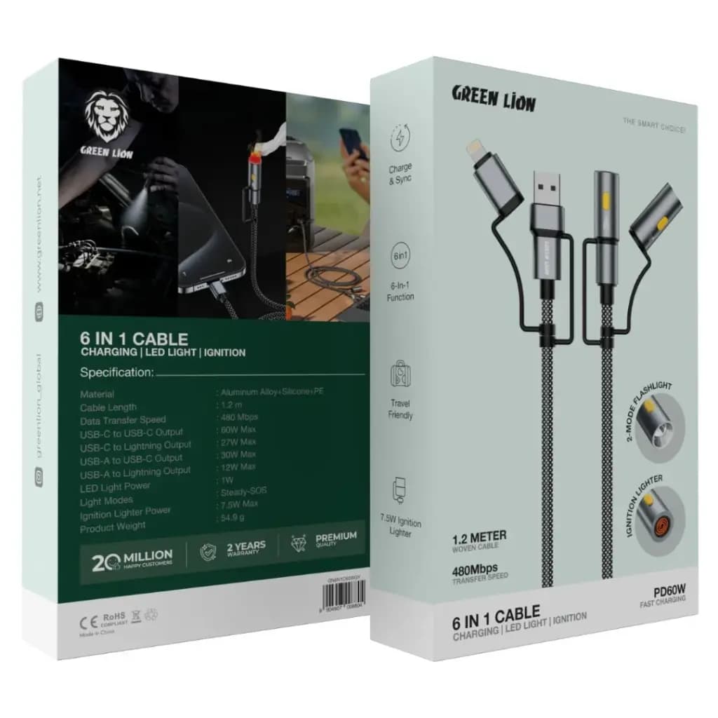 کابل شارژ 6 کاره گرین لاین Green Lion 6 in 1 Cable Charging, Led Light, Ignition — تصویر ۹