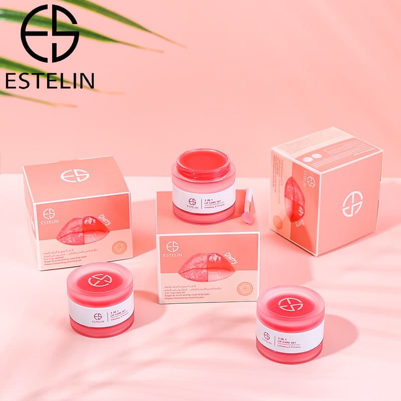 ست 3در1 مراقبت از لب گیلاس استلین و رفع تیرگی لب 10گرم ESTELIN 3 in 1 Lip Care Set Cherry Sugar Lip Scrub Moisturizing Lip Balm