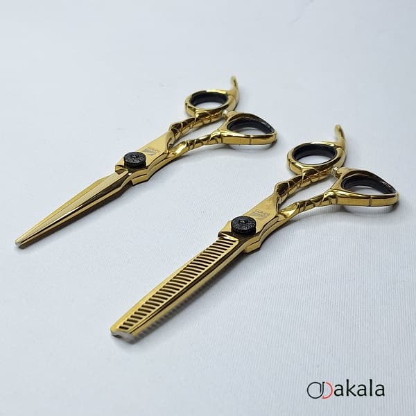 ست قیچی آرایشگری صیام_فینی 6 اینچ مدل A-B60-18 قدرتی طلایی تم مشکی