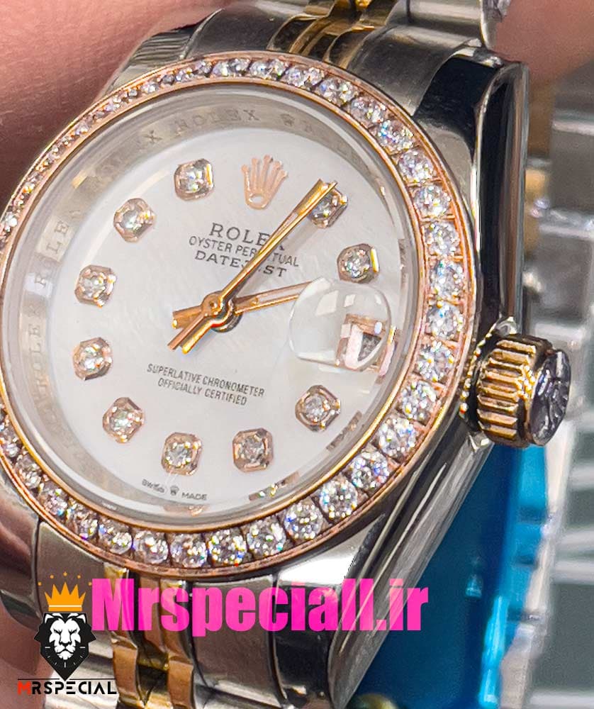 ساعت رولکس زنانه دیت جاست اتوماتیک دورنگ رزگلد قاب نگین صفحه سفید صدف 020918 ROLEX DATEJUST — تصویر ۱۰