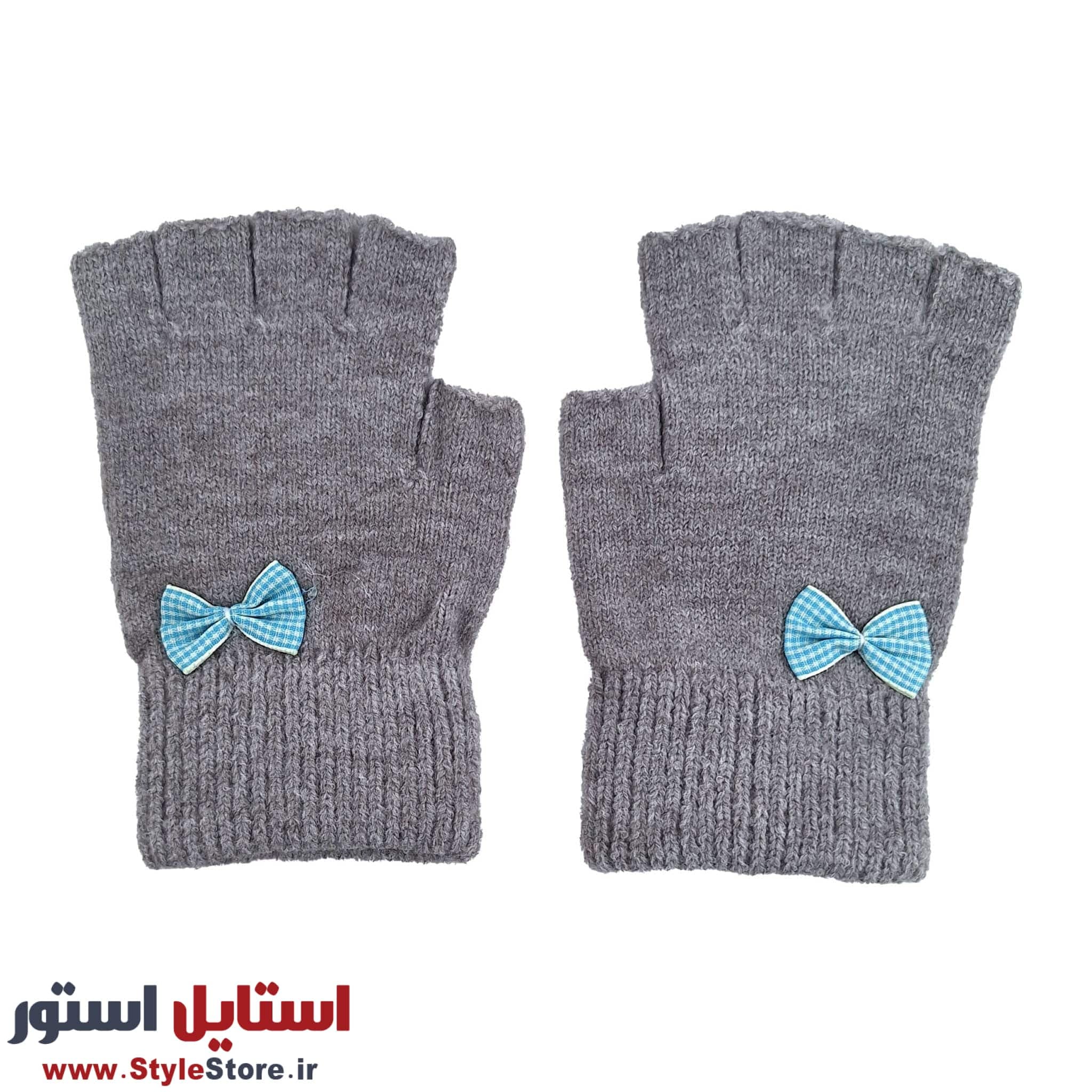 دستکش بافتنی دخترانه نیم انگشتی طرح پاپیون کد 1094