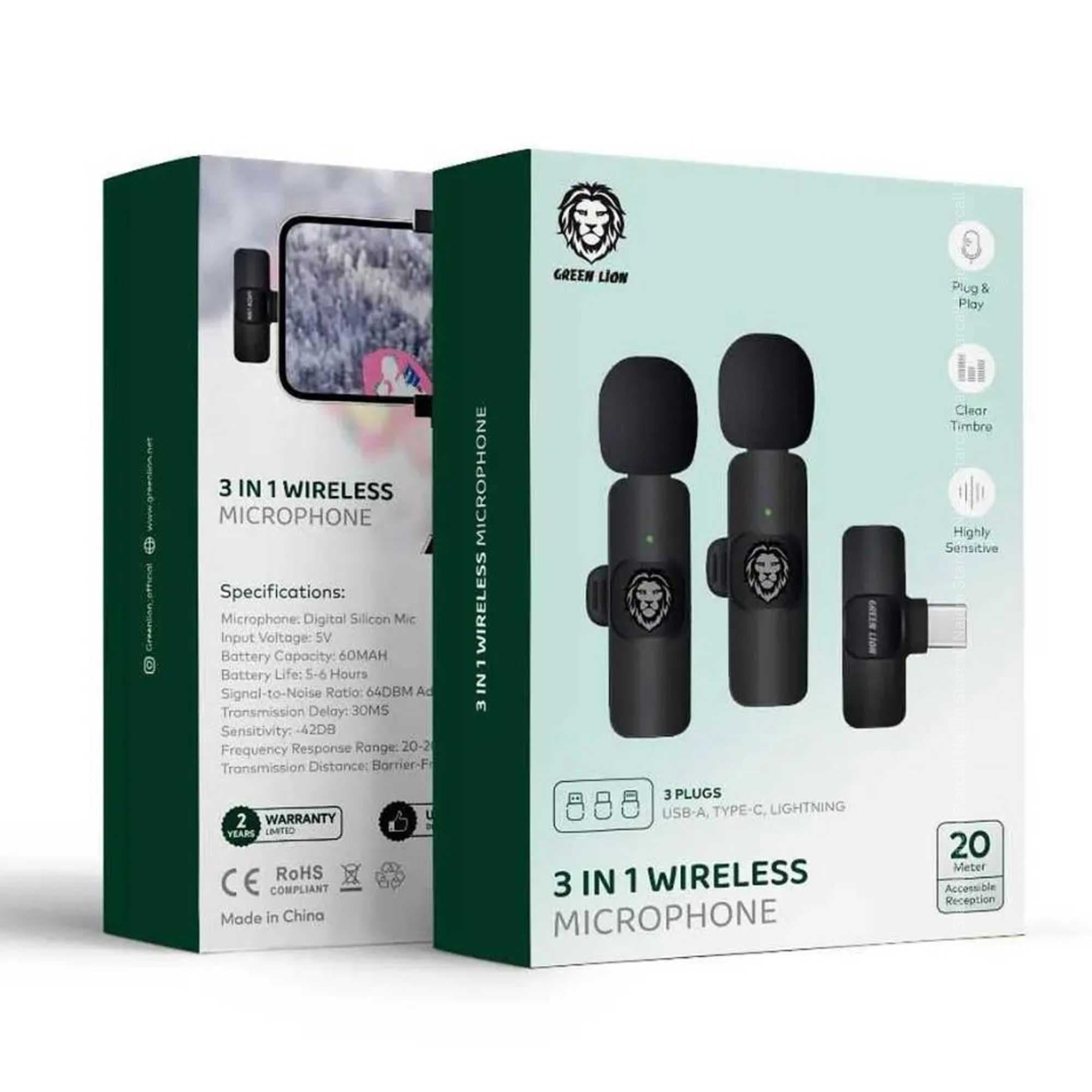 میکروفن بی سیم یقه ای گرین لاین مدل wireless 3 in 1 تایپ سی و لایتنینگ