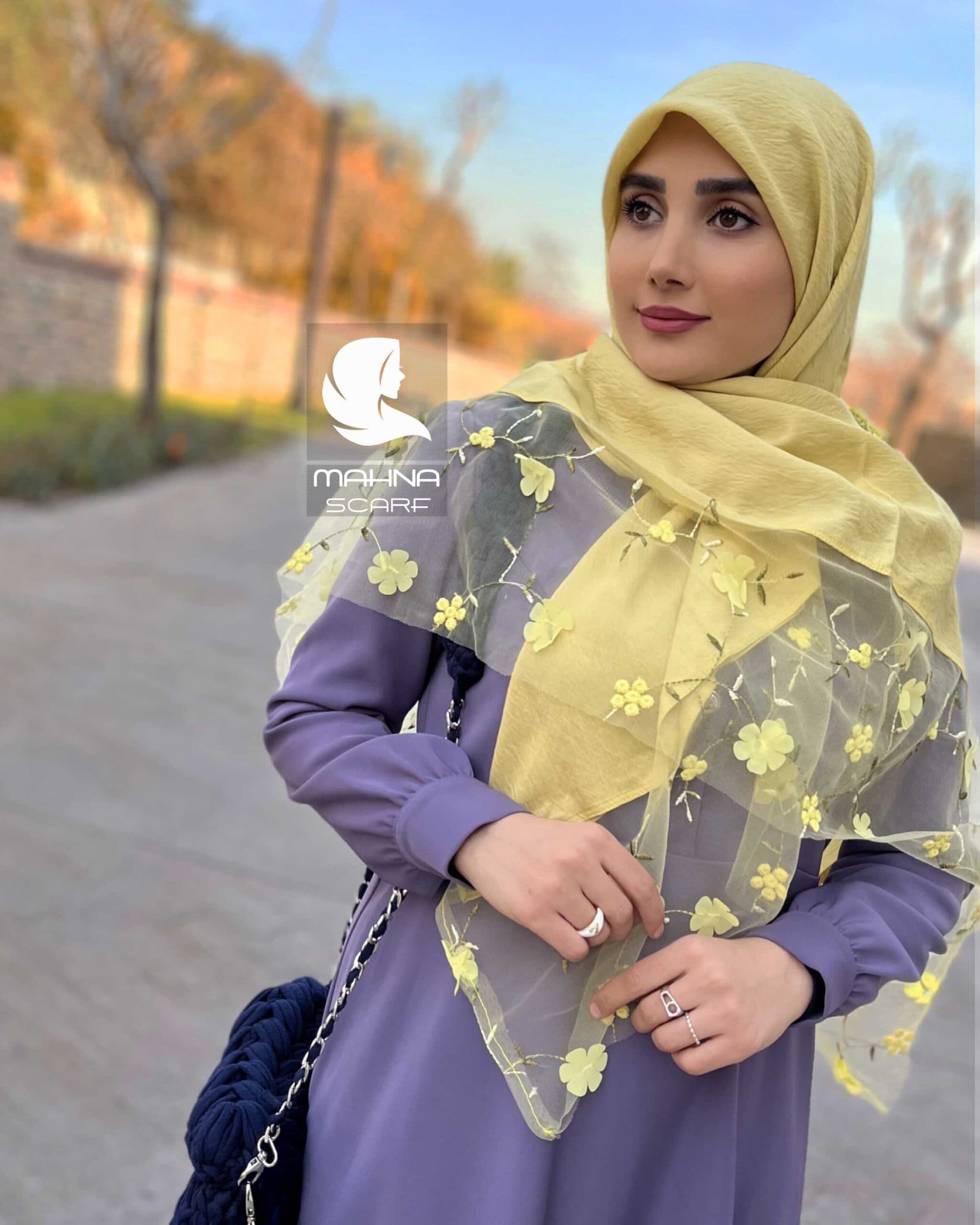 روسری تور گلدوزی زرد — تصویر ۴