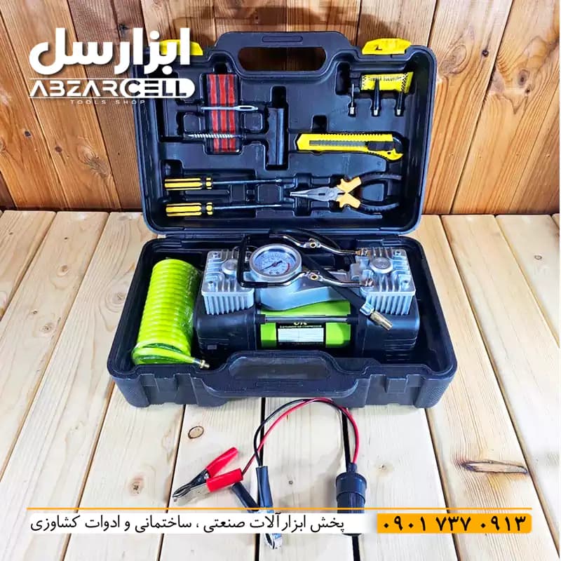 پمپ 12 ولت کمپرسور باد فندکی ماشین اوکی| تکنولوژی ایران و روسیه| طرح ronix (بدون وسایل پنچرگیری) — تصویر ۳